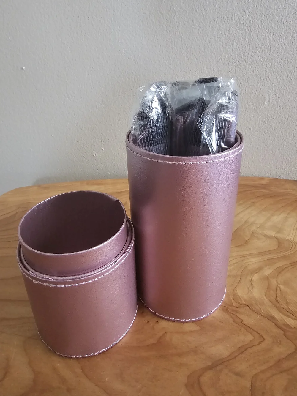 Pink Metallic Makeup Brush Holder with Brushes